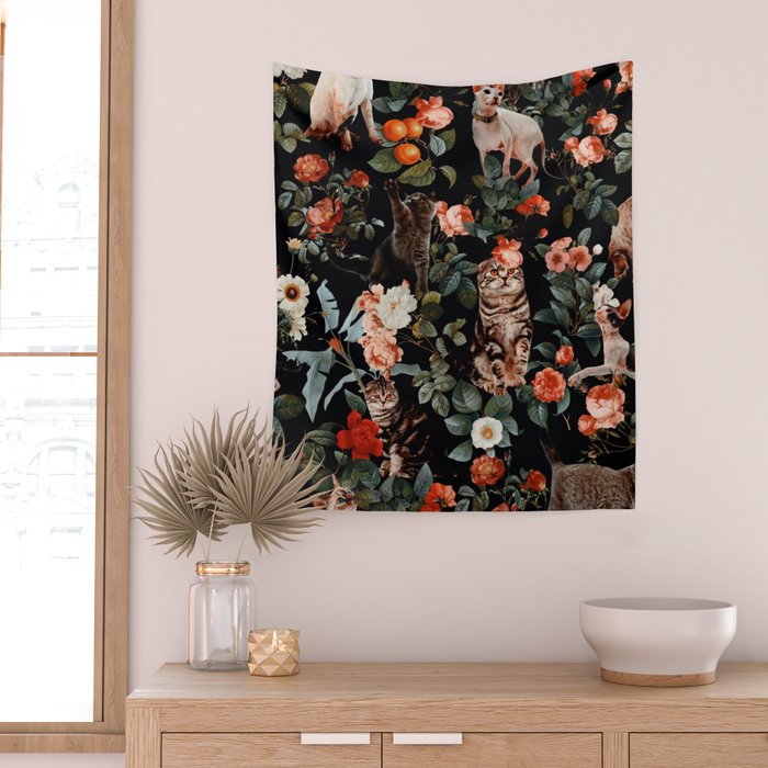 Cat and Floral Pattern II Wall Tapestry Gallery Image 2