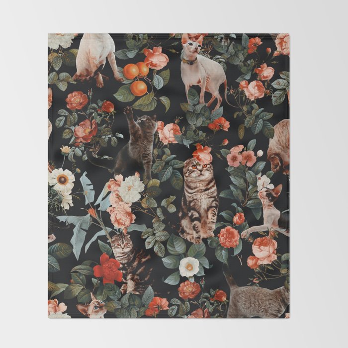 Cat and Floral Pattern II Throw Blanket Gallery Image 2