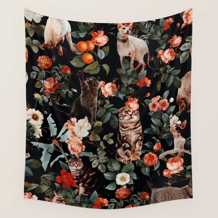 Cat and Floral Pattern II Wall Tapestry Gallery Image 4
