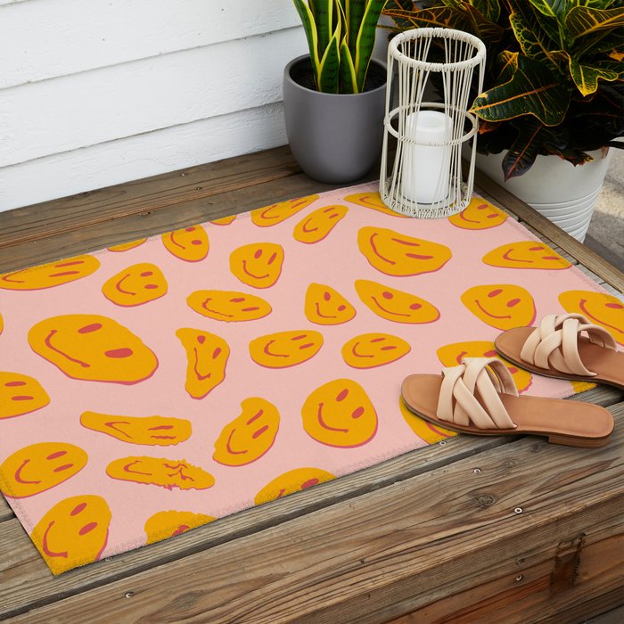 70s retro yellow smile face illustration  Outdoor Rug Gallery Image 2