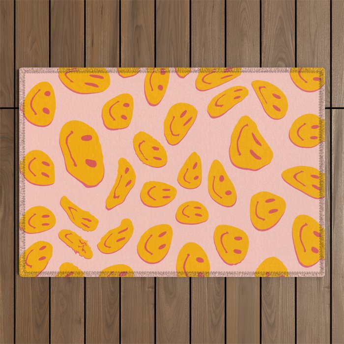 70s retro yellow smile face illustration  Outdoor Rug Gallery Image 1