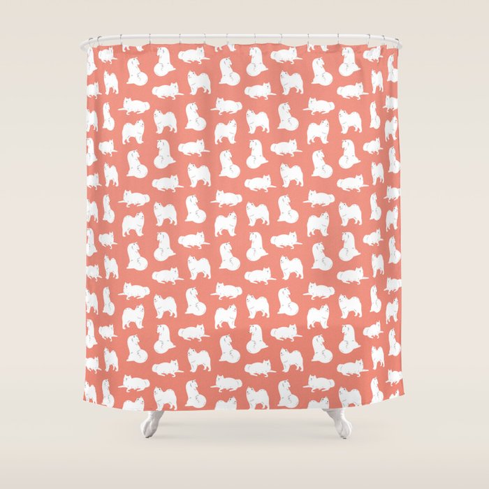 Samoyed Print in Coral Shower Curtain Gallery Image 1