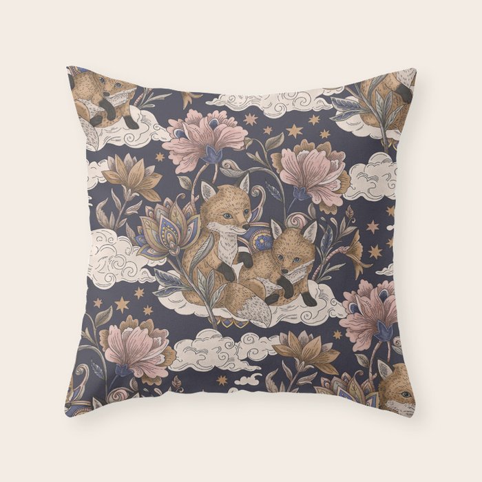 Fox Cubs in Moonlit Garden Throw Pillow Gallery Image 1