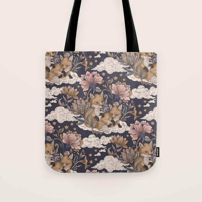Fox Cubs in Moonlit Garden Tote Bag Gallery Image 1
