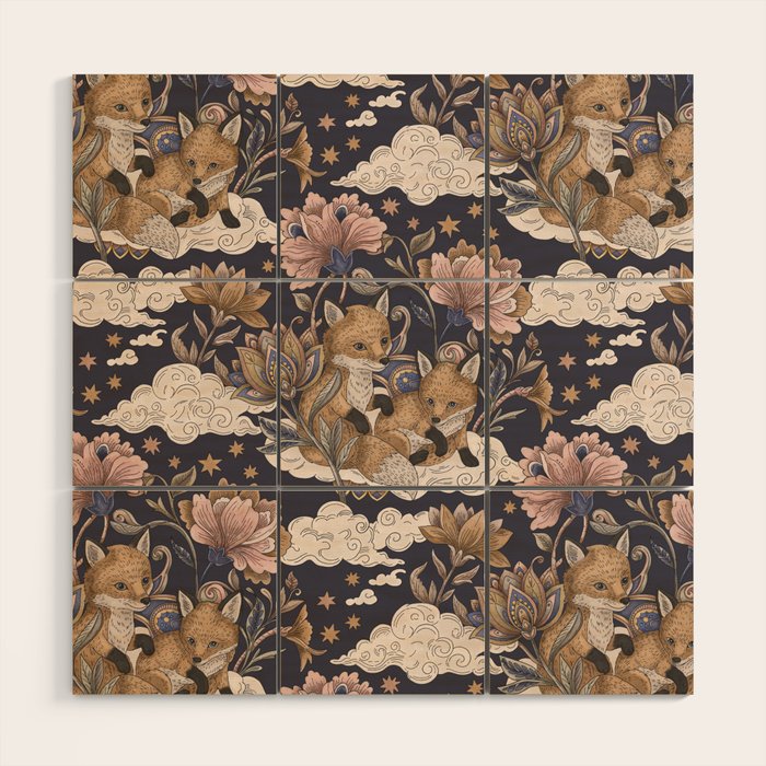 Fox Cubs in Moonlit Garden Wood Wall Art Gallery Image 1