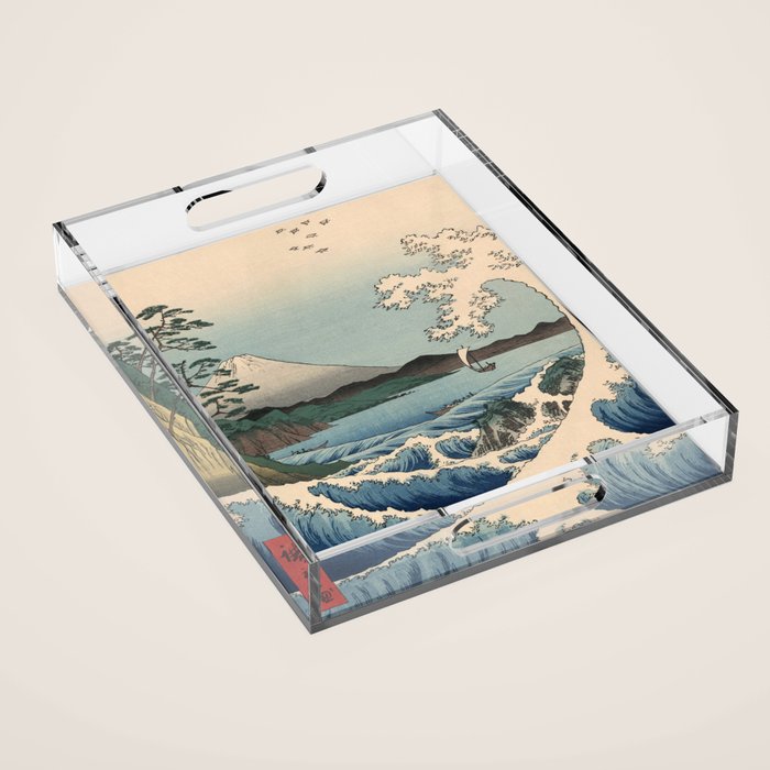 Utagawa Hiroshige - Sea Off Satta, Suruga Province - Vintage Japanese Woodblock Print Art, 1858. Acrylic Tray Gallery Image 1