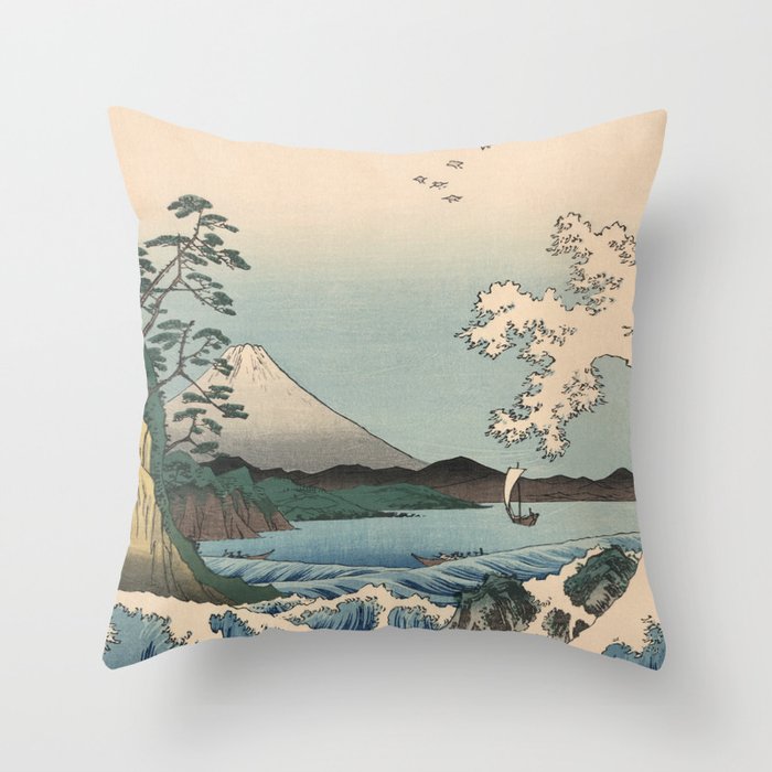 Utagawa Hiroshige - Sea Off Satta, Suruga Province - Vintage Japanese Woodblock Print Art, 1858. Throw Pillow Gallery Image 6