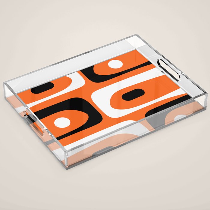 Mid Century Modern Piquet Retro Abstract Pattern Orange Black White Acrylic Tray Gallery Image 1