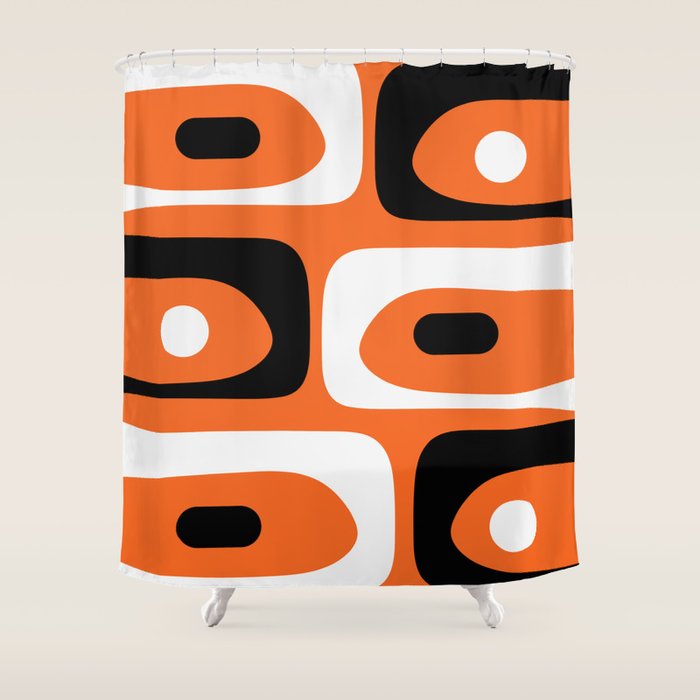 Mid Century Modern Piquet Retro Abstract Pattern Orange Black White Shower Curtain Gallery Image 1