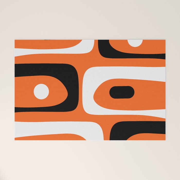 Mid Century Modern Piquet Retro Abstract Pattern Orange Black White Welcome Mat Gallery Image 1