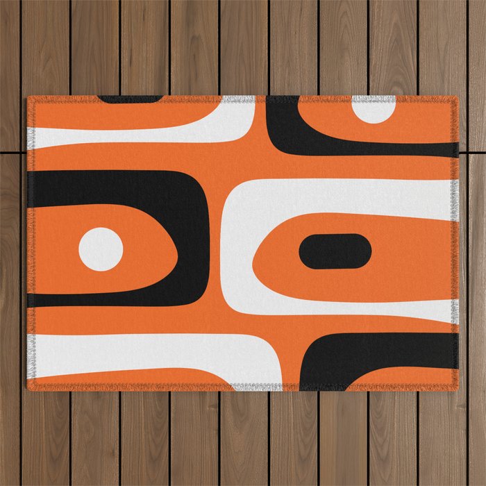Mid Century Modern Piquet Retro Abstract Pattern Orange Black White Outdoor Rug Gallery Image 1