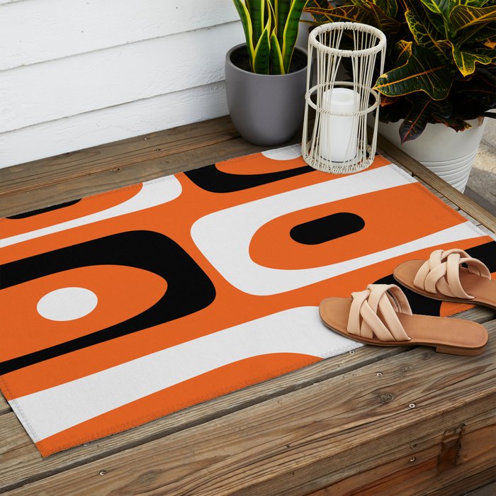 Mid Century Modern Piquet Retro Abstract Pattern Orange Black White Outdoor Rug Gallery Image 2