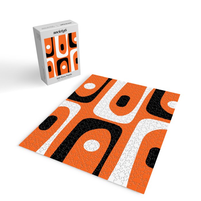 Mid Century Modern Piquet Retro Abstract Pattern Orange Black White Jigsaw Puzzle Gallery Image 2