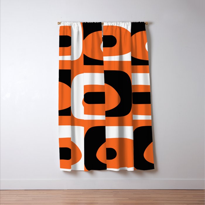 Mid Century Modern Piquet Retro Abstract Pattern Orange Black White Window Curtain Gallery Image 3