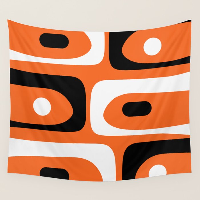 Mid Century Modern Piquet Retro Abstract Pattern Orange Black White Wall Tapestry Gallery Image 4