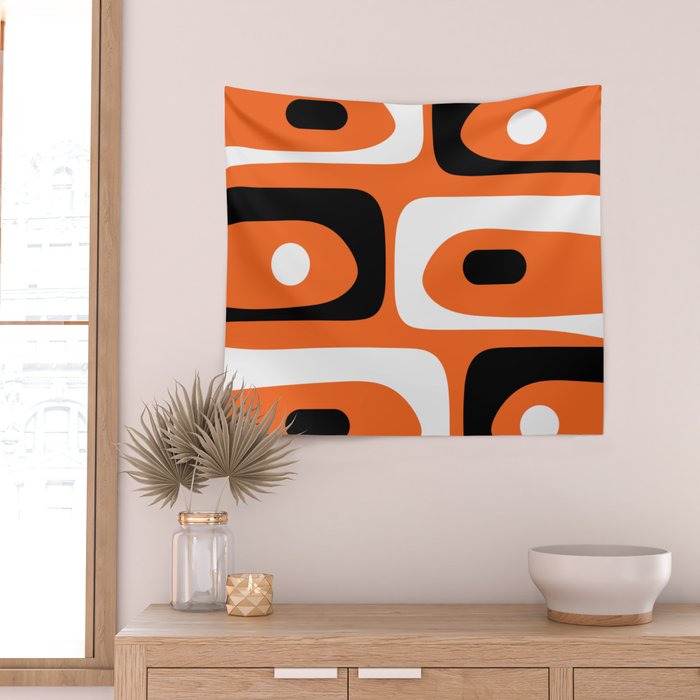 Mid Century Modern Piquet Retro Abstract Pattern Orange Black White Wall Tapestry Gallery Image 2