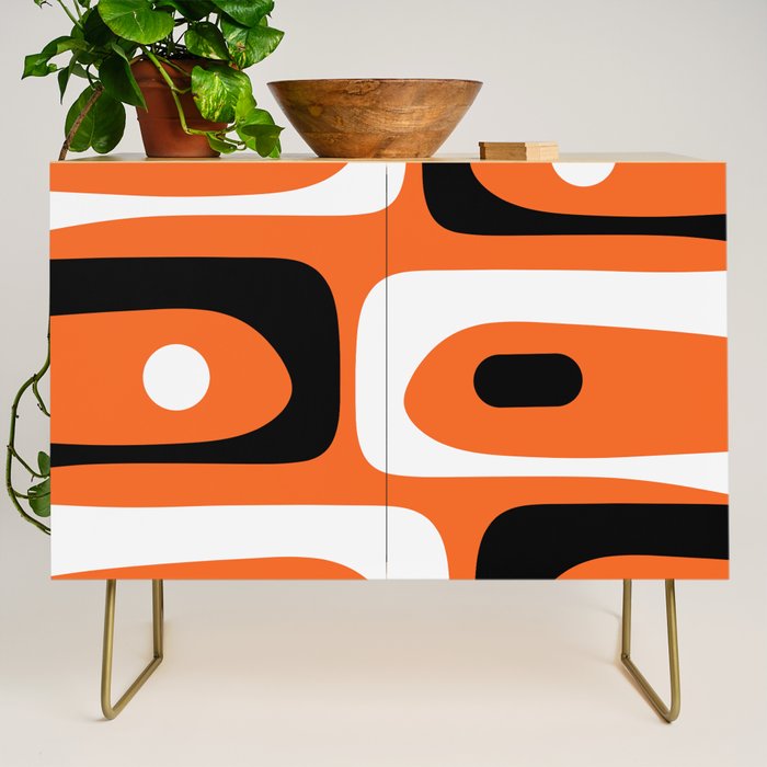 Mid Century Modern Piquet Retro Abstract Pattern Orange Black White Credenza Gallery Image 1
