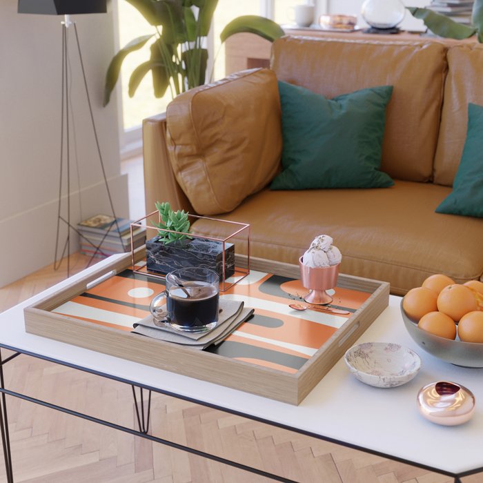 Mid Century Modern Piquet Retro Abstract Pattern Orange Black White Serving Tray Gallery Image 2