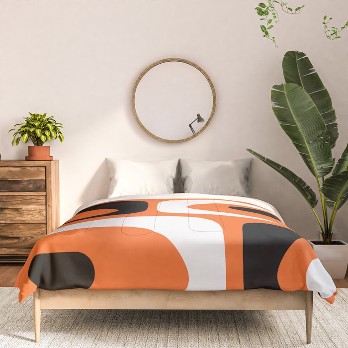 Mid Century Modern Piquet Retro Abstract Pattern Orange Black White Comforter Gallery Image 3