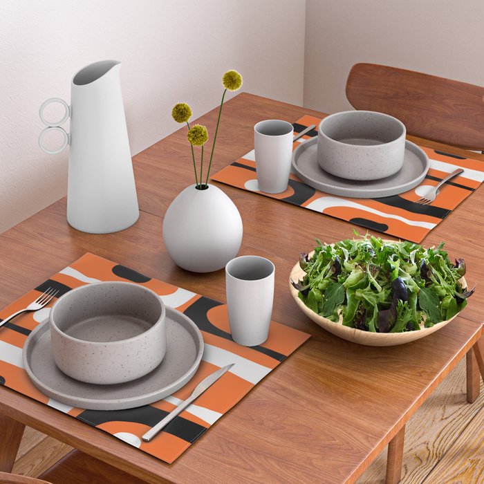 Mid Century Modern Piquet Retro Abstract Pattern Orange Black White Placemat Gallery Image 2
