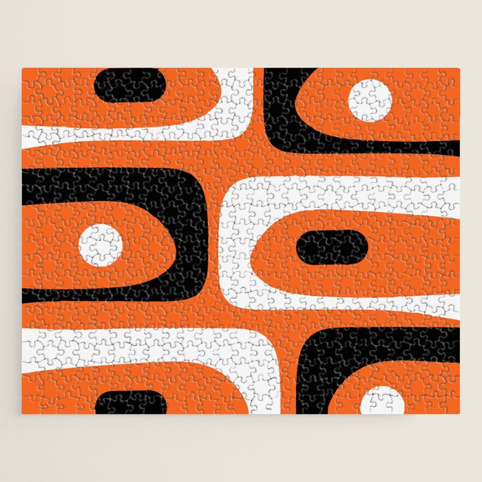 Mid Century Modern Piquet Retro Abstract Pattern Orange Black White Jigsaw Puzzle Gallery Image 1
