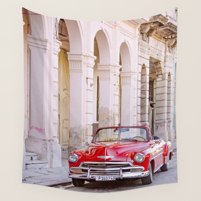 Vintage Red Car, Havana Travel Photography Wall Tapestry Gallery Image 1