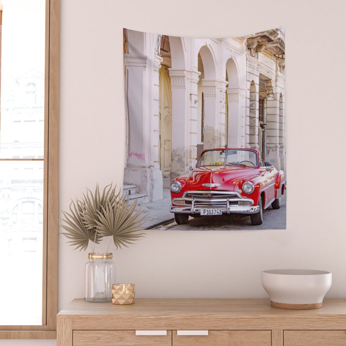 Vintage Red Car, Havana Travel Photography Wall Tapestry Gallery Image 2