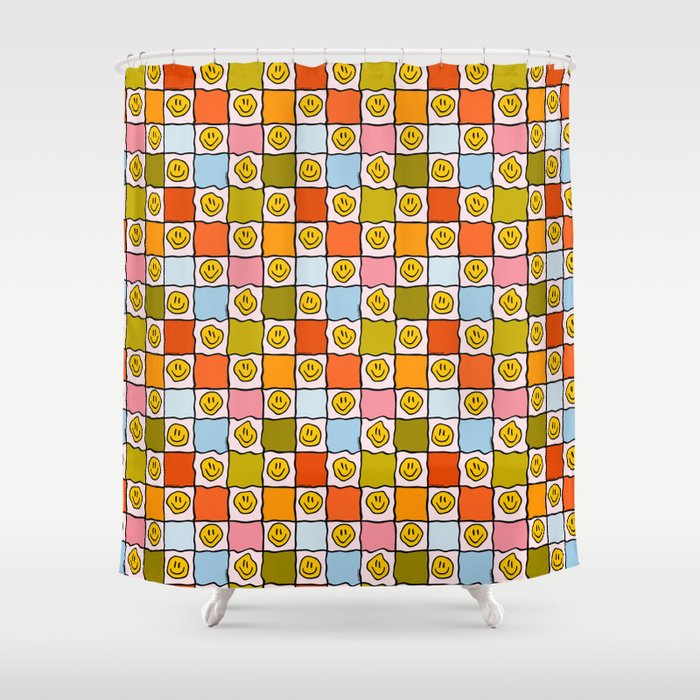 Rainbow Happy Face Checkered Print Shower Curtain Gallery Image 1