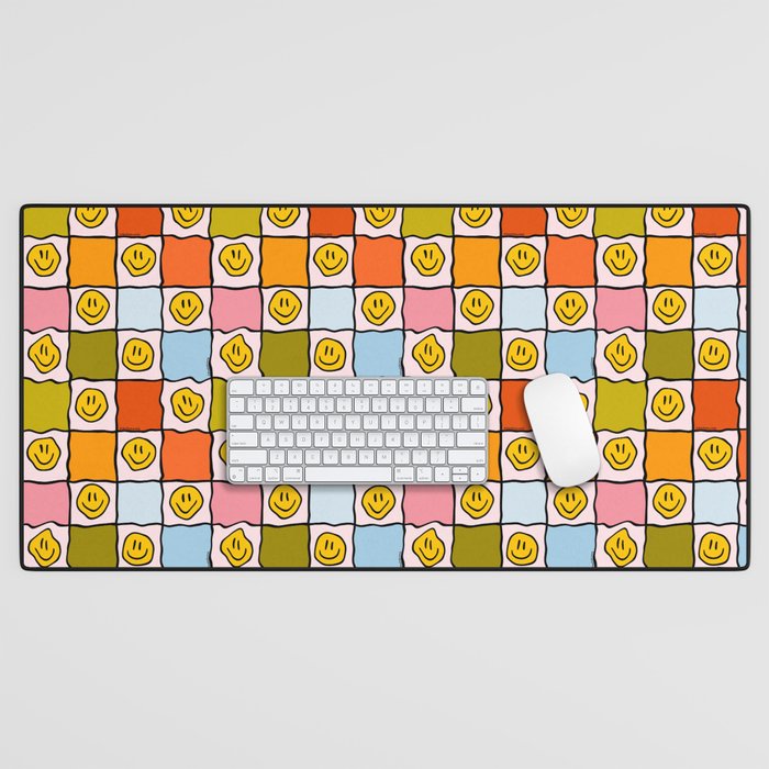 Rainbow Happy Face Checkered Print Desk Mat Gallery Image 1