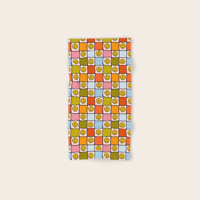 Rainbow Happy Face Checkered Print Bath Towel Gallery Image 1