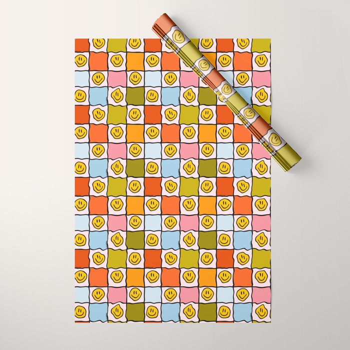Rainbow Happy Face Checkered Print Wrapping Paper Gallery Image 1