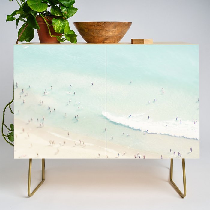 Aerial Beach - People - Pastel Ocean - Aerial Mint Green Sea - Crashing Waves - Travel photography Credenza Gallery Image 1