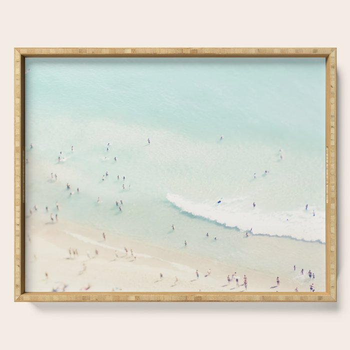 Aerial Beach - People - Pastel Ocean - Aerial Mint Green Sea - Crashing Waves - Travel photography Serving Tray Gallery Image 1