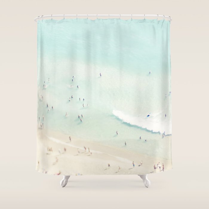 Aerial Beach - People - Pastel Ocean - Aerial Mint Green Sea - Crashing Waves - Travel photography Shower Curtain Gallery Image 1