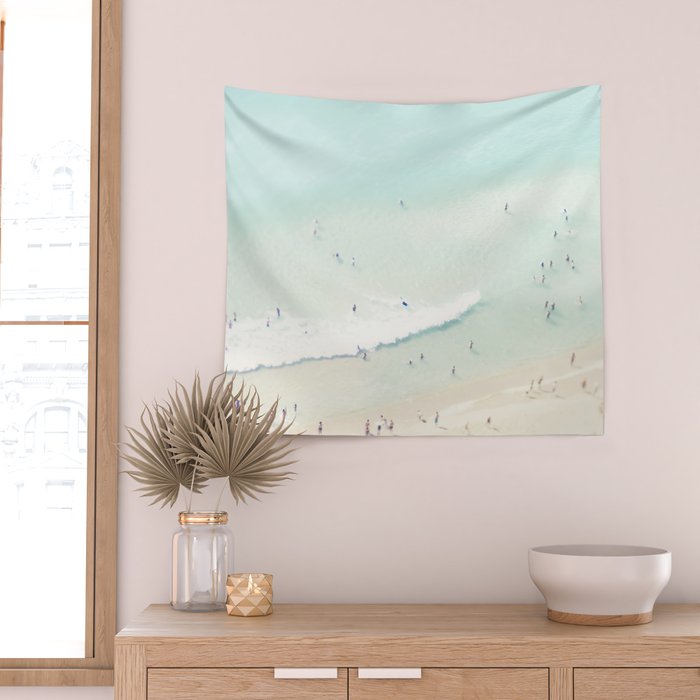 Aerial Beach - People - Pastel Ocean - Aerial Mint Green Sea - Crashing Waves - Travel photography Wall Tapestry Gallery Image 2