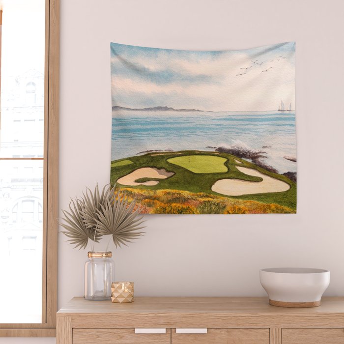 Pebble Beach Golf Course Signature Hole 7 Wall Tapestry Gallery Image 2