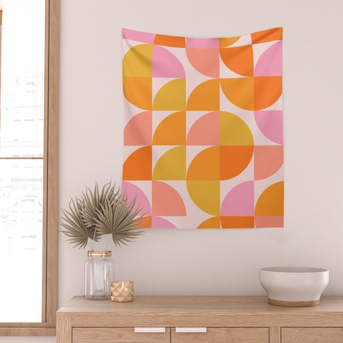 Mid Century Mod Geometry in Pink and Orange Wall Tapestry Gallery Image 2