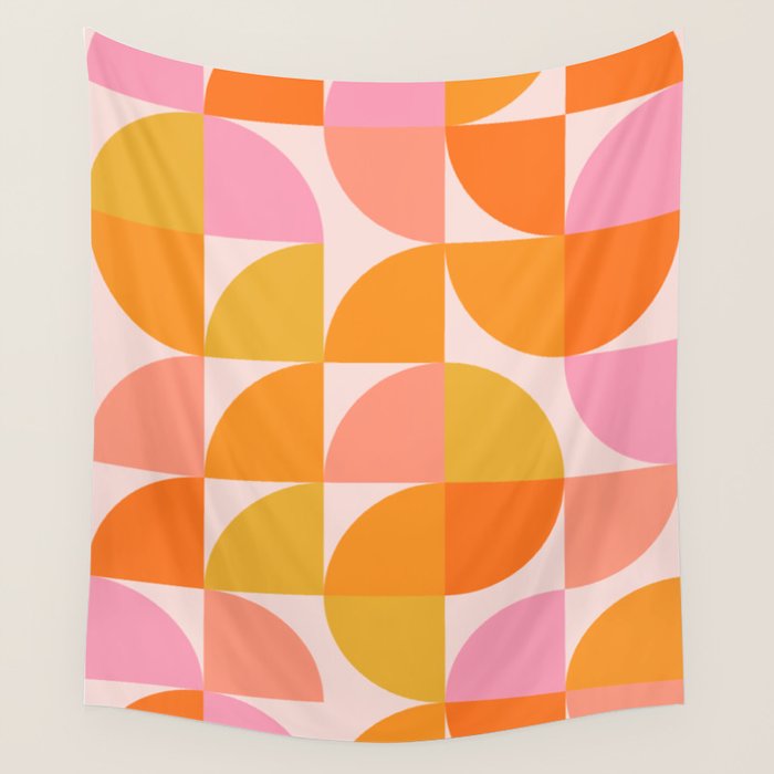 Mid Century Mod Geometry in Pink and Orange Wall Tapestry Gallery Image 1