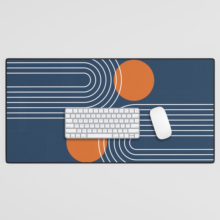 Mid Century Modern Geometric 83 in Navy Blue and Orange (Rainbow and Sun Abstraction) Desk Mat Gallery Image 1