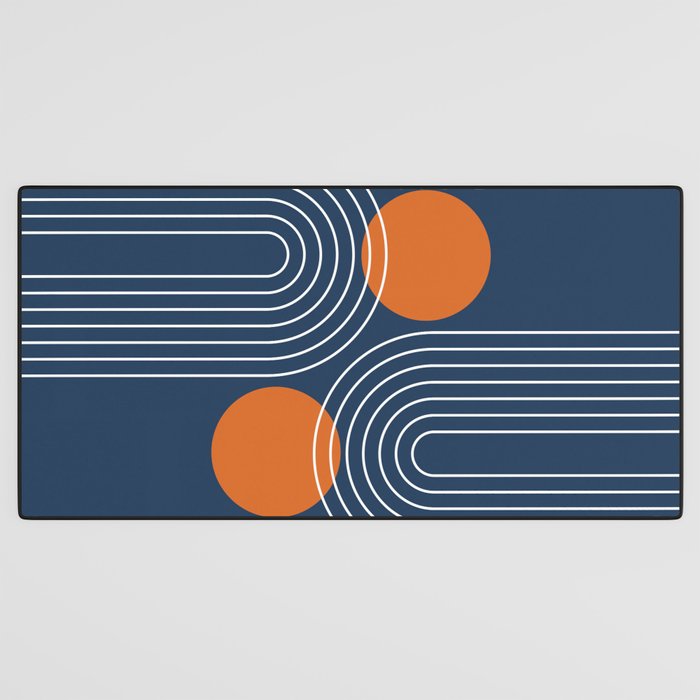 Mid Century Modern Geometric 83 in Navy Blue and Orange (Rainbow and Sun Abstraction) Desk Mat Gallery Image 3