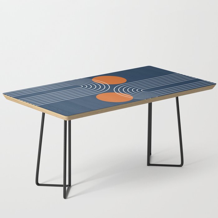 Mid Century Modern Geometric 83 in Navy Blue and Orange (Rainbow and Sun Abstraction) Coffee Table Gallery Image 1