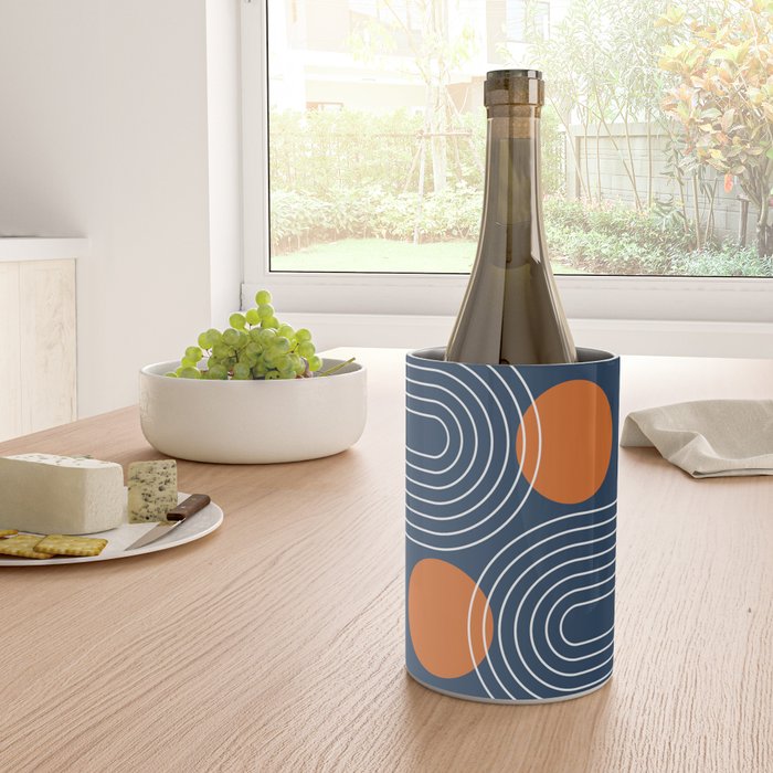 Mid Century Modern Geometric 83 in Navy Blue and Orange (Rainbow and Sun Abstraction) Wine Chiller Gallery Image 4
