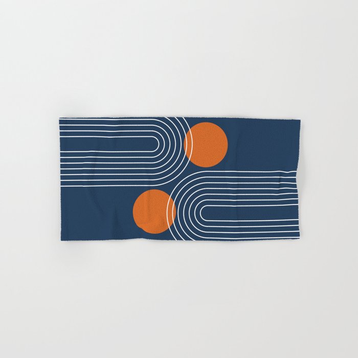 Mid Century Modern Geometric 83 in Navy Blue and Orange (Rainbow and Sun Abstraction) Bath Towel Gallery Image 1