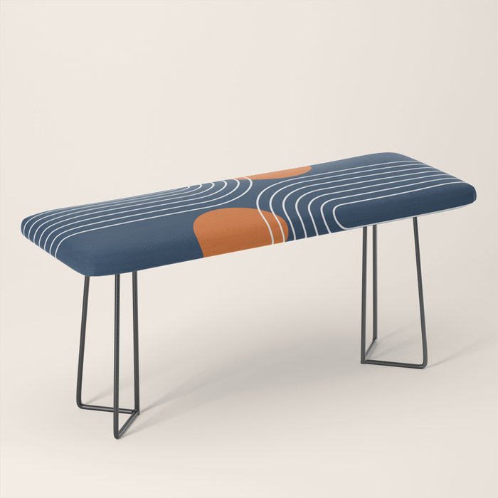 Mid Century Modern Geometric 83 in Navy Blue and Orange (Rainbow and Sun Abstraction) Bench Gallery Image 1