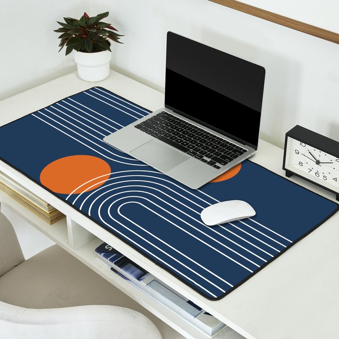 Mid Century Modern Geometric 83 in Navy Blue and Orange (Rainbow and Sun Abstraction) Desk Mat Gallery Image 2