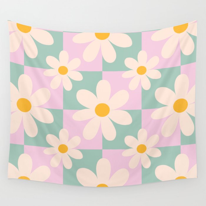 Daisy checkered pattern - Lilac and turquoise  Wall Tapestry Gallery Image 4