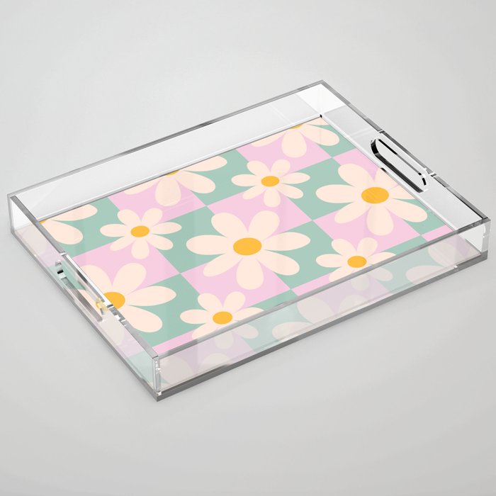 Daisy checkered pattern - Lilac and turquoise  Acrylic Tray Gallery Image 1