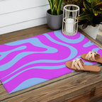 Modern Retro Liquid Swirl Fluid Abstract Pattern Bright Violet and Blue Outdoor Rug Gallery Image 2