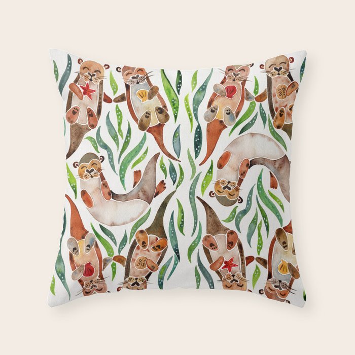 Five Otters - Green Seaweed Throw Pillow Gallery Image 1