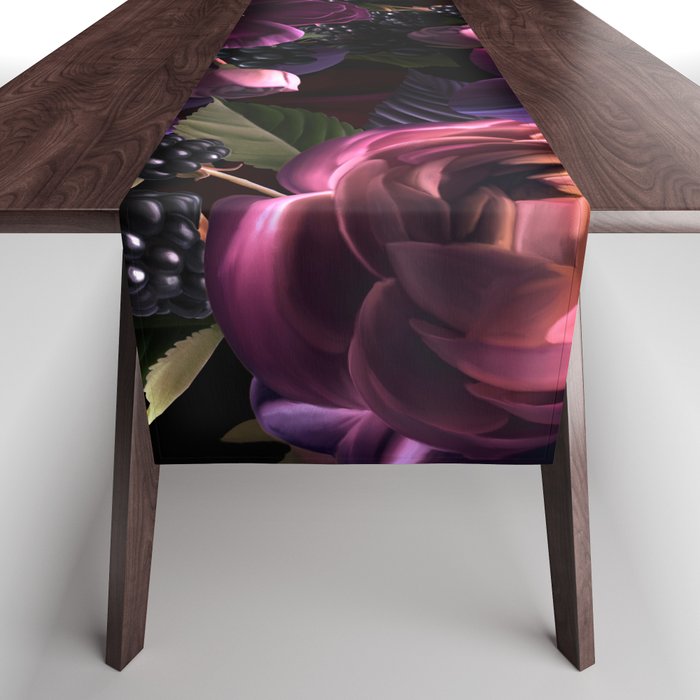 Vintage Spring Night Romanticism: Maximalism Purple Bold Moody Florals - Antiqued burgundy Roses and Peonies Nostalgic Gothic  - Antique Botany Wallpaper and Victorian Goth Mystic inspired Table Runner